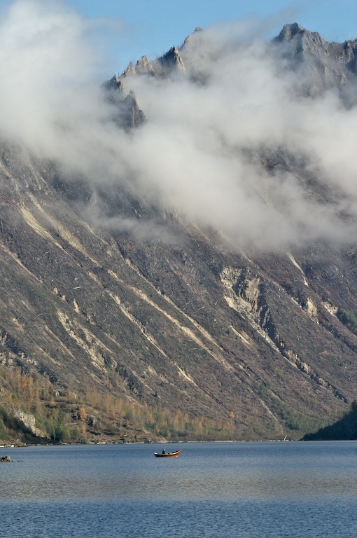Boat, Lake, Mountain, and Fog